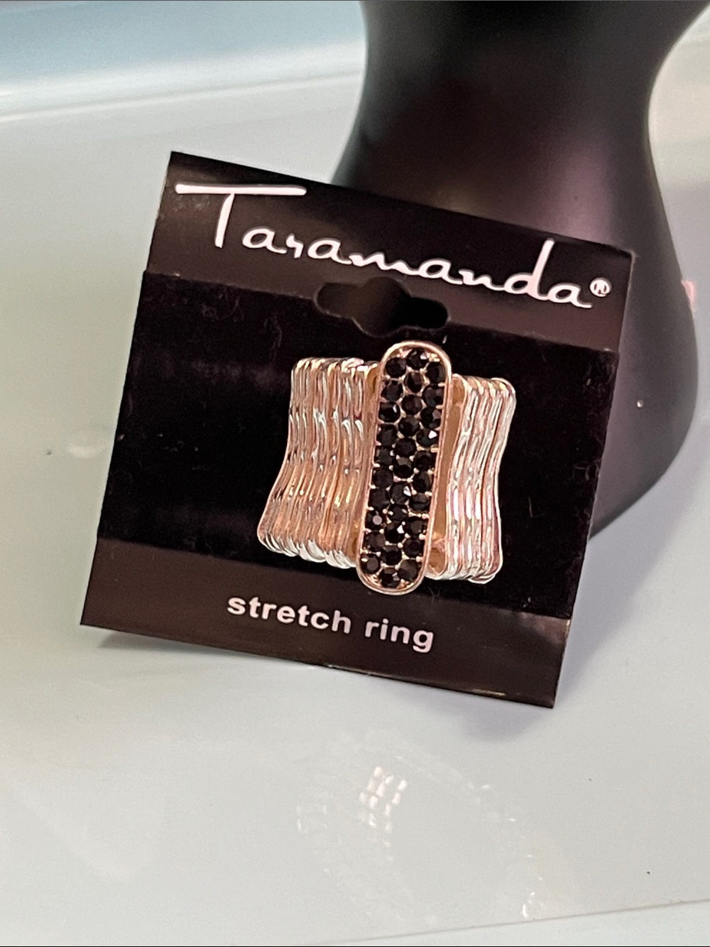 Taramanda Black Crystal Accent Stretch Ring - Gold-Tone